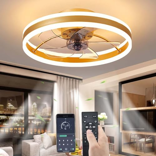 YUNZI Quiet Ceiling Fan with Light and Remote Control, LED 60W Dimmable Ceiling Lamp Modern Low Profile Ceiling Fans for Living Room Bedroom Lighting, 6 Speeds, Dimming Lights, Gold, 50CM