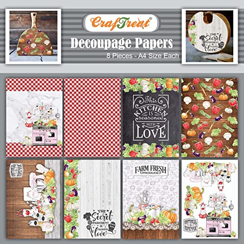 CrafTreat Carta per decoupage riutilizzabile da cucina, formato A4 (20 x 30 cm), 8 fogli, carta decorativa per mobili, scrapbooking, legno, parete, vetro, piastrelle