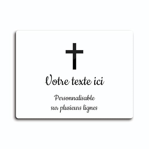 Gedenktafel mit Gravur, Motiv christliches Kreuz, selbstklebend, Modell Rechteck (20 x 15 cm), personalisierbar, 1 bis 3 Zeilen, weiß, schwarze Schrift