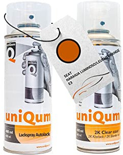 UniQum Autolack + Klarlack 2K Spraydose für SEAT NARANJA LUMINOSO/LEUCHTORANGE E3 Autolack Reparatur 2 x 400 ml