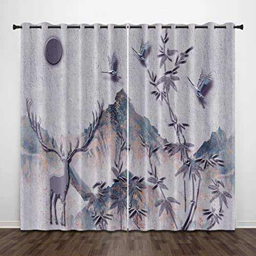 3D Bergtier Hirsch Bambus Vorhang Mit Ösen 220(B) X215(H) cm Mikrofaser Gardinen Blickdicht Verdunkelungs Scheibengardinen 2 Stücke Für Wohnzimmer Schlafzimmer Kinderzimmer Jugendzimmer