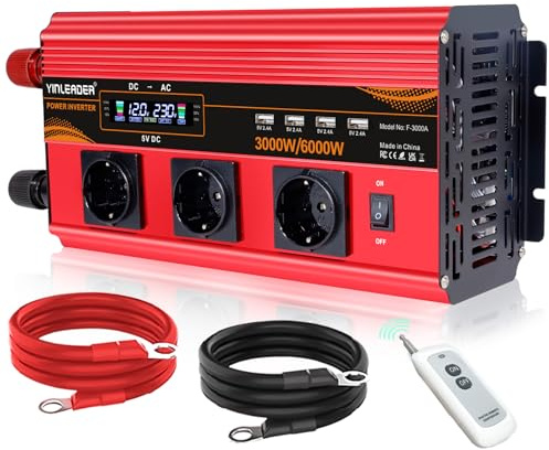 Wechselrichter 12V 230V 3000W Spannungswandler Fernbedienung 4X USB und LCD 3 AC Steckdosen für Solarpanel Auto Wohnmobil /6000W