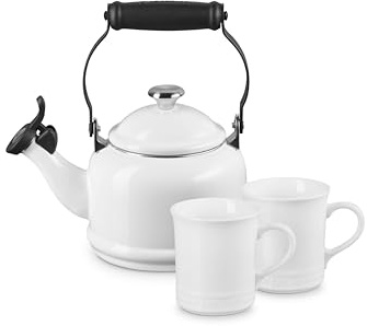 Le Creuset Hervidor Demi (1.25 cuartos de galón) y 2 tazas (14 onzas cada una), color blanco | Taza de cerámica y acero esmaltado