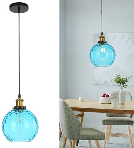 HJXDtech Industrielle Vintage Pendelleuchte mit 20cm Buntem Glaskugel Lampenschirm in Wasserwellen, Antike Bronze E27 Loft Bar Deckenleuchte Hängelampe (Blau)