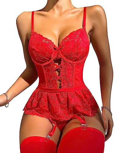 FEOYA Women's Sheer Mesh Garter Belt Corset Set Garter Lingerie Set Lace Bodysuit Sexy Suspenders Belt Garter Belt Lingerie Leotard Outfits Underwear