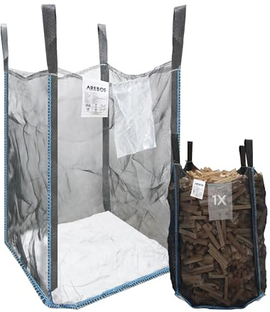 Arebos Premium Holzsack | Big Bag 100x100x160 cm | mit 4 Schlaufen und Einfüllschürze | Tragfähigkeit 1500 kg, SF 5:1, EN ISO 21898 | Sack für Bauschutt, Holz, Gartenabfall | UV-Beständig