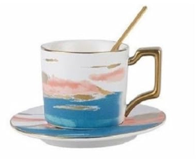 FülleMore Porzellan Espressotassen mit Untertasse und Löffel kerative Aquarell Kaffeetasse 250ml Cappuccinotasse Set Teetasse Mokkatasse für Büro Zuhause Frühstück Nachmittagstee (Blau+Orange)