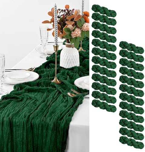 Lot de 24 chemins de table en étamine, vert foncé, 3 m de long, romantiques et transparents, style bohème, pour mariage, fête prénatale, anniversaire, décoration de fête prénuptiale (vert foncé)