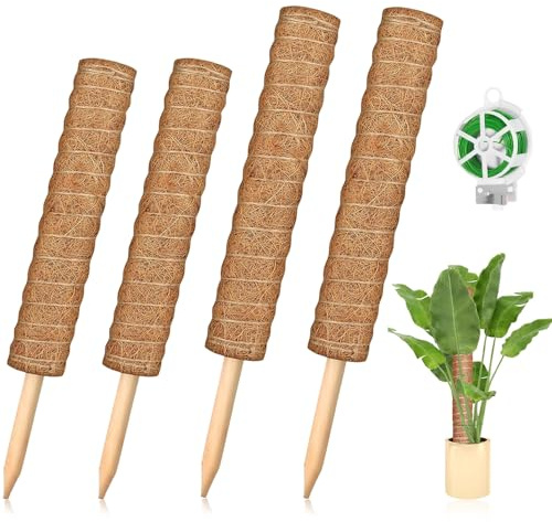 Pflanzenstütze, 4 Stück Monstera Rankhilfe mit Eine Rolle 20 Metern grünen Kabelbindern, Moosstab Pflanzstab für Kletterpflanzen Pflanzenstütze Verlängerba (2 Stück 40CM 2 Stück 30CM)