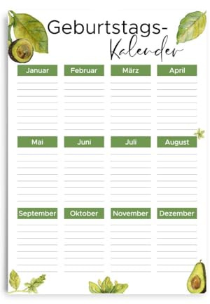 Geburtstagskalender DIN A4 - Hochformat immerwährend Jahresunabhängig (Avocado -Design 1-)