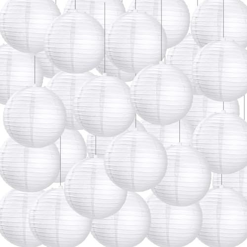 Treela 30 Pack White Chinese Japanese Paper Lanterns Decorative Hanging Ball Round Paper Lantern Lamps for Wedding Birthday Party Home Decorations(4 Inch)