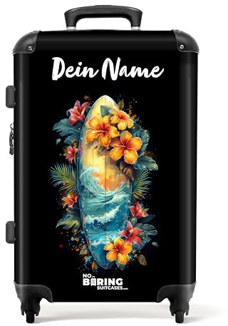 NoBoringSuitcases© Reisekoffer Personalisiert, Koffer Groß, | 72 L - Hartschalenkoffer, TSA, Reisekoffer mit Rollen Groß, Rollkoffer, Koffer Mittelgroß (Surfbrett - Blumen, 67 cm - )