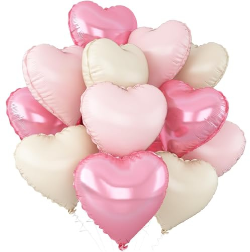 Pink White Heart Balloons,12Pcs Baby Pink Cream Heart Shaped Foil Balloons,18Inch Sand White Helium Balloon for Baby Shower Birthday Anniversary Wedding Party Decorations