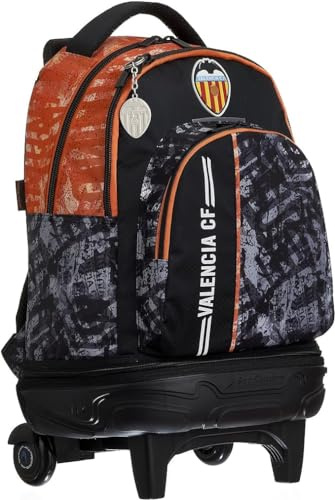 m-office Zaino Scolastico con Ruote per Giovani Tre Scomparti, Valencia CF, Doppia Cerniera con Carrello Rimovibile 34,5x44,5x23cm Colore Nero (Valencia)