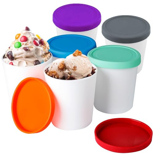 LayYun Juego de 6 mini recipientes de helado caseros (8 onzas), recipientes de almacenamiento de helado reutilizables para congelador, recipientes de helado sin fugas con tapas de silicona
