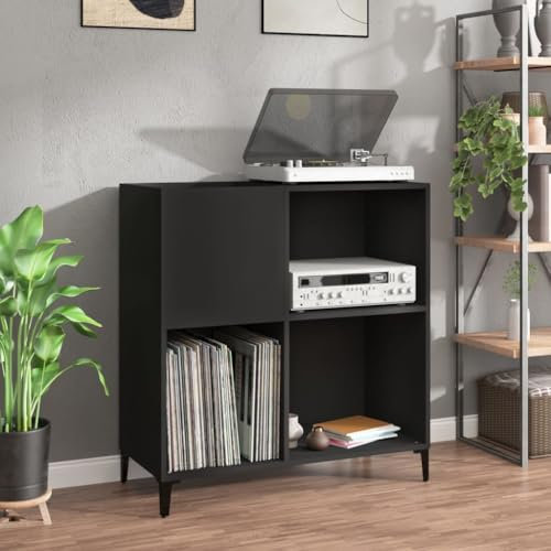 Iiaky Mobile Porta Dischi Nero 84,5x38x89 cm in Legno Multistrato - Supporto per Giradischi con Spazio di Archiviazione