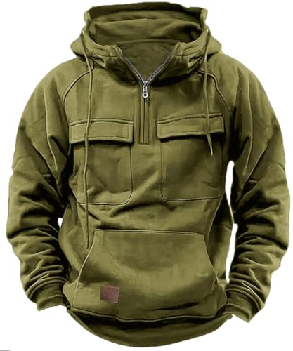 PADOLA Pullover Herren 1/4 Zip Hoodie Cargo Arbeitspullover mit Multi-Taschen Vintage Kapuzenpullover Retro Fleecepullover Langarm Sweatshirt mit Fleece Übergangsjacke Winter