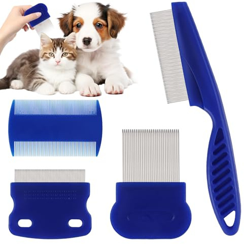Läusekamm, Flohkamm für Katzen und Hunde, Flohkamm zum Entfernen Flöhe, 4 Stück Läusekamm Staubkamm für Hunde Katzen Effektiv Gegen Flöhe & Läuse Profi Floh Kamm für Hund & Katze (Blau)