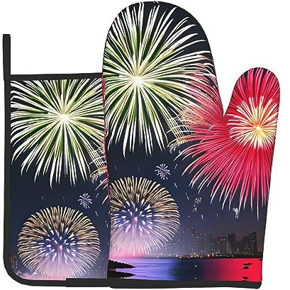 WZYCWB Set di 2 presine e guanti da forno, comunemente usati in cucina, proteggono i tavoli e le splendide stampe pirotecniche