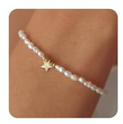 Irikdescia 14K Vergoldetes Perlenarmband, Goldenes Armband Damen Mit Herz Anhänger, Elegantes Perlenarmband Mit Weißer Perle, Schöne Perlen Armbänder Frauen(Stern)