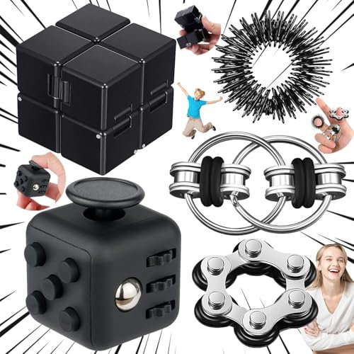 lankai 5 Stück Fidget Toys Set, Anti-Stress Würfel Spielzeug, Infinity Cube, Finger Massageringe, Roller Chain, Anti Stress Spielzeug für Erwachsene Und Kinder, Für Stressaubbau und Reizbar(Schwarz)