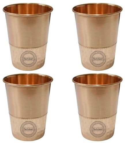 Fashnkart 4er-Set Trinkgläser aus reinem Kupfer, ayurvedische Gesundheitsbecher, Kupferbecher, 300 ml (halbgehämmert)