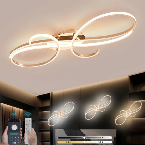 LFLA Deckenlampe Dimmbare Wohnzimmerleuchte LED Deckenleuchte Chrom Metallrahmen Energiesparlampe Mit Fernbedienung & Memory Funktion Deckenbeleuchtung für Wohnzimmer Schlafzimmer (Gold, 60cm,56W)