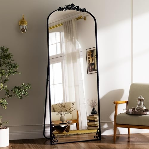 GLSLAND 56x21Vintage Full Length Mirror - Carved Arched Floor Mirror Baroque Full Body Mirrors for Bedroom Living Room Entryway,Black