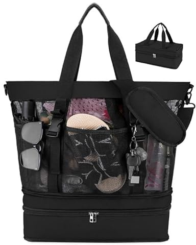 Dreamtop 2-in-1 schwarz Große Strandtasche xxl familie mit Reißverschluss Wasserdichter Kühltasche, Verstärkte Strandtasche 10 Taschen Tote Mesh für Pool Strand Reisen Camping verstellbare Crossbody