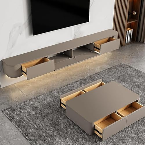 XDXINY Schwebender TV-Schrank mit Schubladen, TV-Konsole mit integriertem Kabelmanagement, Multimedia-TV-Konsole, Massivholz-TV-Schrank mit Stauraum (montagefrei) (Khaki, 140CM/55.1IN)