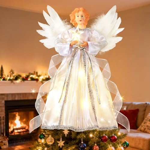 Ángel Punta del Árbol Adorno de Navidad con Luz, 32cm Angel Árbol de Navidad Topper con ala de Pluma, Ángel Topper de árboles Alimentado por Batería para Decoración del Hogar Fiesta
