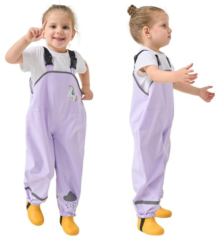 Domueay Girls Rain Trousers Kids Rain Dungarees Waterproof Bib Overalls Lightweight Horse Pattern Mud Dirty Proof Pants with Reflective Strip Rainwear for 4-5 years, Purple