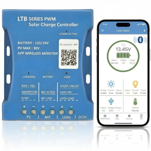 20 A Bluetooth-Solar-Ladegerät, Controller, 12 V/24 V, intelligenter Regler, Solarmodul-Batterie, Ladestatistik, PWM mit USB-Anschluss, 12 V / 24 V Blei-Säure-/Lithium-Batterie