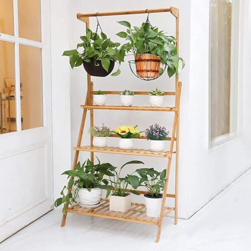 3-tier Bamboo Ladder Plant Shelf Outdoor Planter Display Shelving Hanging Folding Flower Pot Organizer Rack Clothes Rack Multi Storage Corner Shelf For Indoor Outdoor, Natural, L 70cm(27.5in)