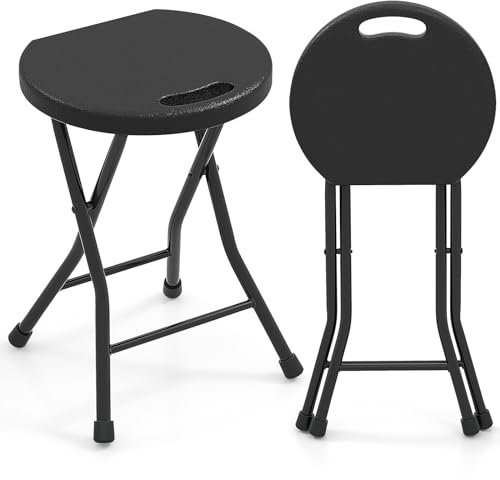 GOPLUS Set de Silla Plegables Portátiles, 2 Piezas de Taburetes de Cocina con Asa Incorporada, Marco Metálico, Superficie Antideslizante, Diseño con Reposapiés, Silla Plegable Ligera para Oficina