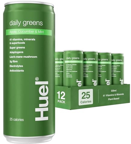Huel Daily Greens Sparkling | 12x330ml Cans | Apple, Cucumber & Mint | Ashwagandha & Green Tea Extract | 41 Vitamins & Minerals | 3g Fibre | 25 Calories | Vegan