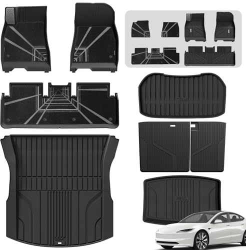 3W Golvmattor med Metallpedal och Bagagerumsmatta 8st och Filtar för Tesla Model 3 Highland 2024-2025, Året Väder Hållbara Hundvänliga Thorex™ TPE Golvmattesatsen, Anti-slip Fotmattor Biltillbehör