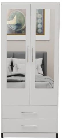Fully Assembled 2 Door Modern 2 Mirrored Wardrobe with 2 Drawer Wardrobe – Freestanding Bedroom Storage Cabinet with Hanging Rail, 78W x 184H x 50D cm,Multiple Colours Available (WHITE)