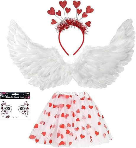 Sdhgerh Disfraz de ángel para mujer con alas de ángel blancas, falda de tul, diademas y pegatinas para la cara, disfraces de carnaval para mujer, disfraz de alas de ángel para Halloween, carnaval y