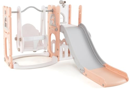 FANTASK 7 in 1 Kinder Rutsche, Kinderrutsche mit Klettergerüst, Schaukel, Basketballkorb & Teleskop, Montessori Rutschenschaukel Indoor & Outdoor für Kinder ab 1 Jahr (Rosa + Weiß)