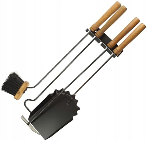 FEINZ Set Accessoires Cheminée 4 Pièces Inox Manches Bois Mural | Pelle, brosse, crochet, grattoir, support mural, fabrication UE