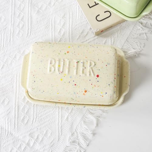 Cute Butter Dish with Lid for Countertop, 7.5 Inch Butter Container Perfect for East/West Coast Butter, Dishwasher Safe, Ceramic,Beige-Small