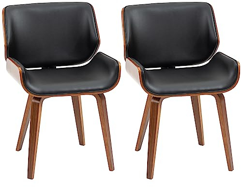 HOMCOM Set di 2 Sedie Sala da Pranzo in Finta Pelle con Schienale, Gambe in Legno di Pioppo, Sedia per Cucina, Soggiorno, Camera da Letto, Ufficio, Stile Retrò, Stile Vintage, Nero