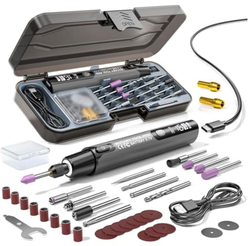 Mini Electric Rotary Tool Set mit LED-Beleuchtung und Digitalanzeige, 6-Gang-Gravierstift für Holzschnitzereien, Kabelloser elektrischer Gravur Stift für Feine Arbeiten, Schneiden, Schleifen (Grau)