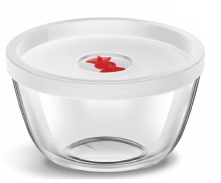 Nobel Borosil Glass Mixing Bowl with a White Plastic lid, Clear and Round in Shape, is Microwave and Dishwasher Safe, Featuring an airtight Design with a (1300ml with Lid)