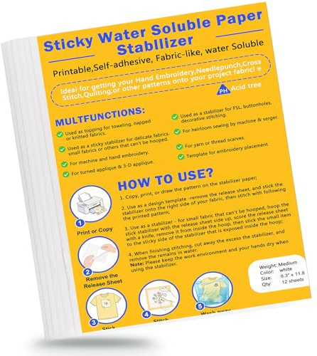 12 Stück Stickvlies Wasserlöslich,A4 (29.7x21cm) Selbstklebende Wasserlösliche Stickvlies Bedruckbare Stickereipapier，Wasserlösliches Stickpapier, Drucken oder Zeichnen Zeichenstabilisator für Hand