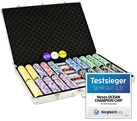 Pokerkoffer 1000 abgerundete Ocean Champion Chips hochwertige Metallkern Jetons 12 g Pokerset 3 Pokerdecks Aluminiumkoffer Black Jack Texas Holdem