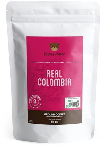 Colombian Ground Coffee 227g - Medium Roast - For French Press Cafetiere Filter Drip V60 Aeropress - Brown Bear Colombia Arabica Coffee - Donation to Free The Bears - Columbia