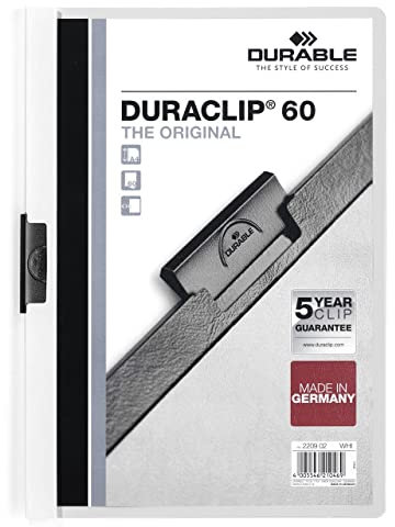 Durable 220902 Duraclip Klemm-Mappe, A4, 6 mm, weiß, 60 Sheets