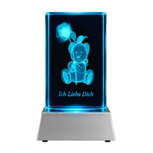 Kaltner Präsente 3D Kristall „Ich liebe Dich“ – LED Farbwechsel, Kristallglas mit Herz Lasergravur – Romantisches Geschenk zum Valentinstag, Jahrestag & Geburtstag